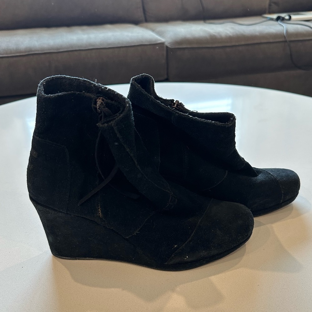 TOMS Black Suede Zippered Wedge